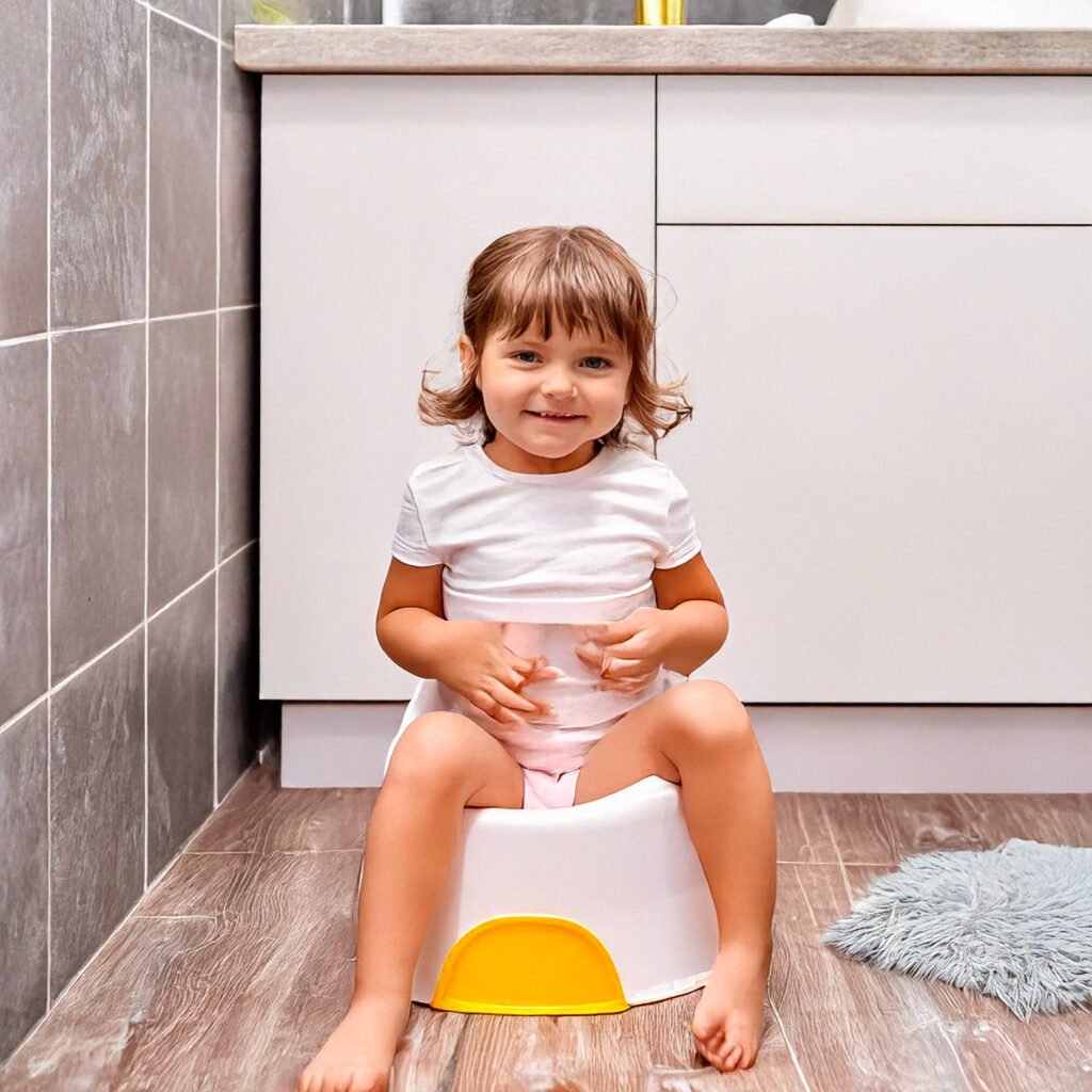 Una niña pequeña está usando el orinal dentro del baño de su casa.